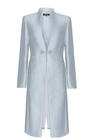 Pale Blue Dress Coat in Silk Brocade with Cord Trim and Frogging - Vicky (Longer Length)