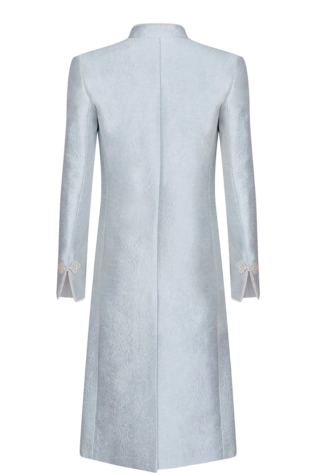 Pale Blue Dress Coat in Silk Brocade with Cord Trim and Frogging - Vicky (Longer Length)