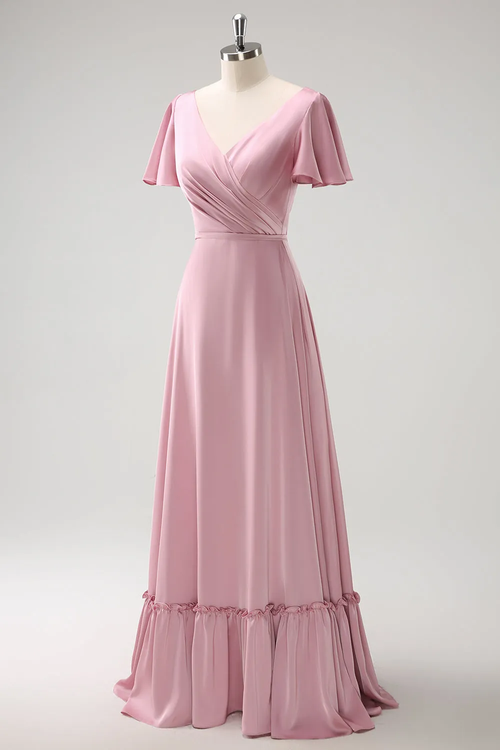 Pink A Line Ruffle V Neck Satin Maxi Bridesmaid Dress with Short Sleeves