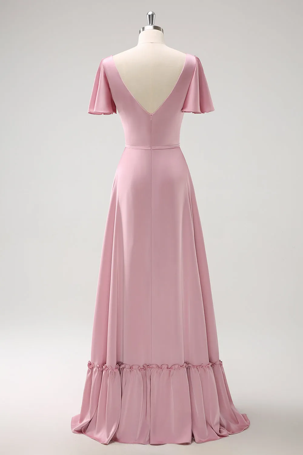 Pink A Line Ruffle V Neck Satin Maxi Bridesmaid Dress with Short Sleeves