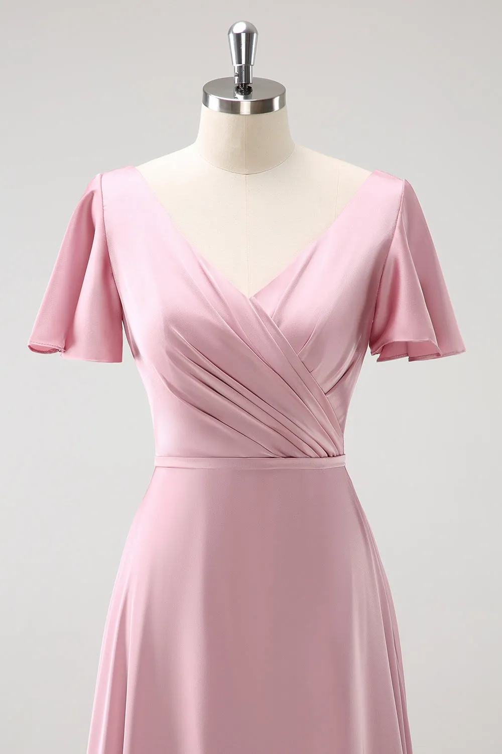 Pink A Line Ruffle V Neck Satin Maxi Bridesmaid Dress with Short Sleeves