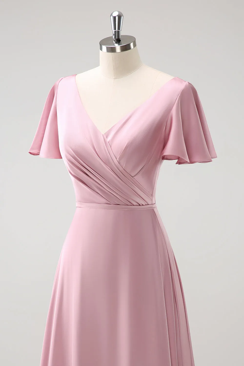 Pink A Line Ruffle V Neck Satin Maxi Bridesmaid Dress with Short Sleeves