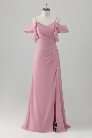 Pink Ruched Cold Shoulder Bridesmaid Dress with Slit