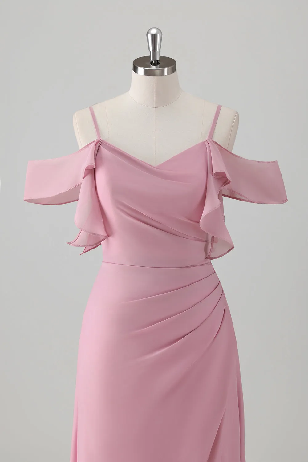 Pink Ruched Cold Shoulder Bridesmaid Dress with Slit