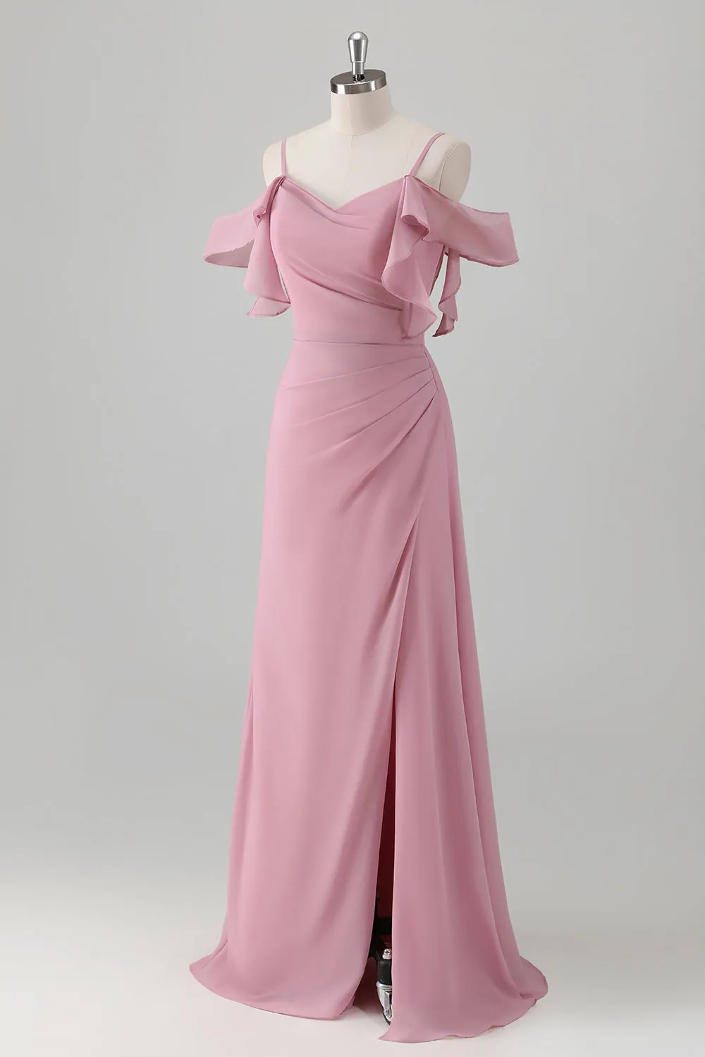 Pink Ruched Cold Shoulder Bridesmaid Dress with Slit