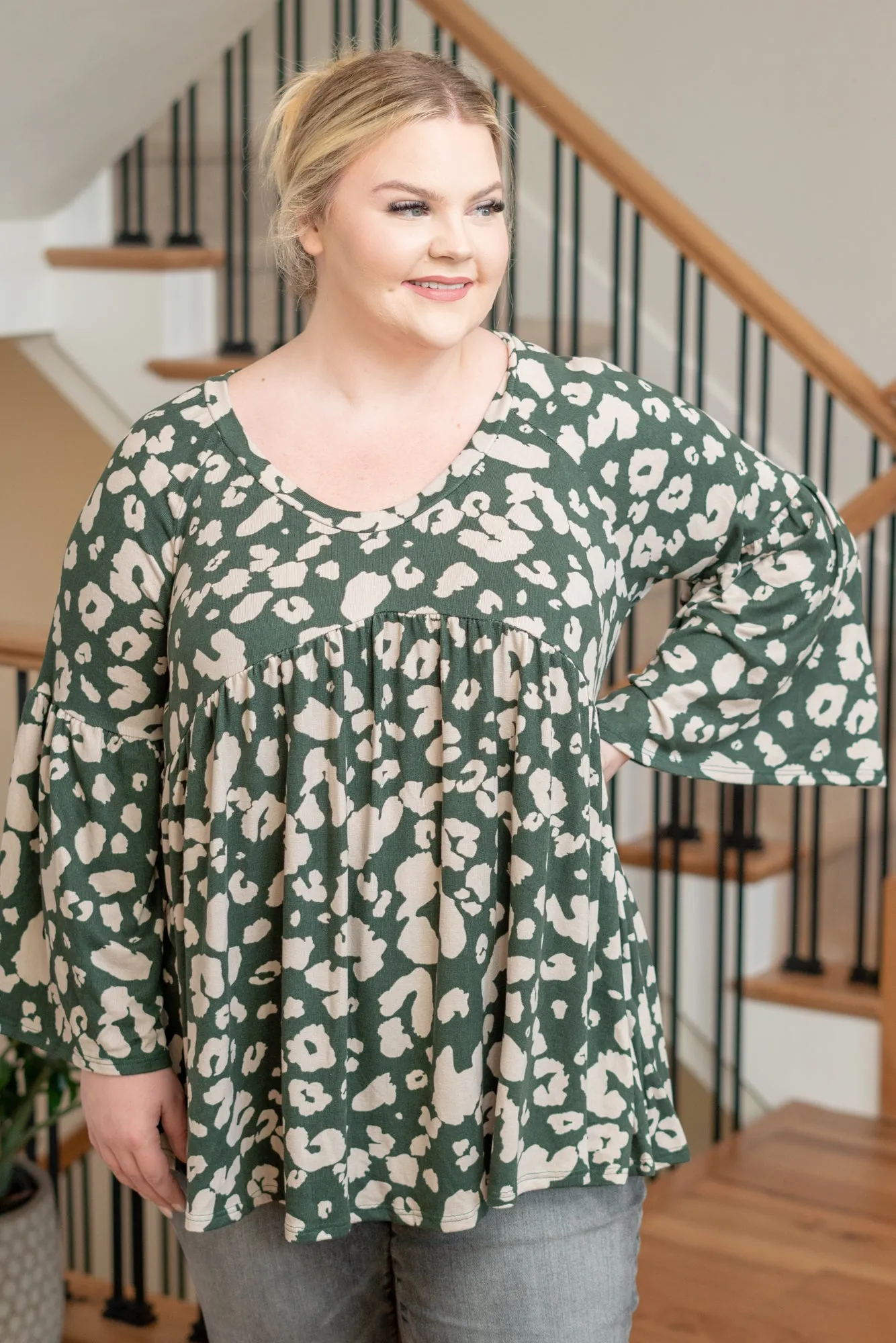 Plus Size Leopard Print Bell Sleeve Top - Green