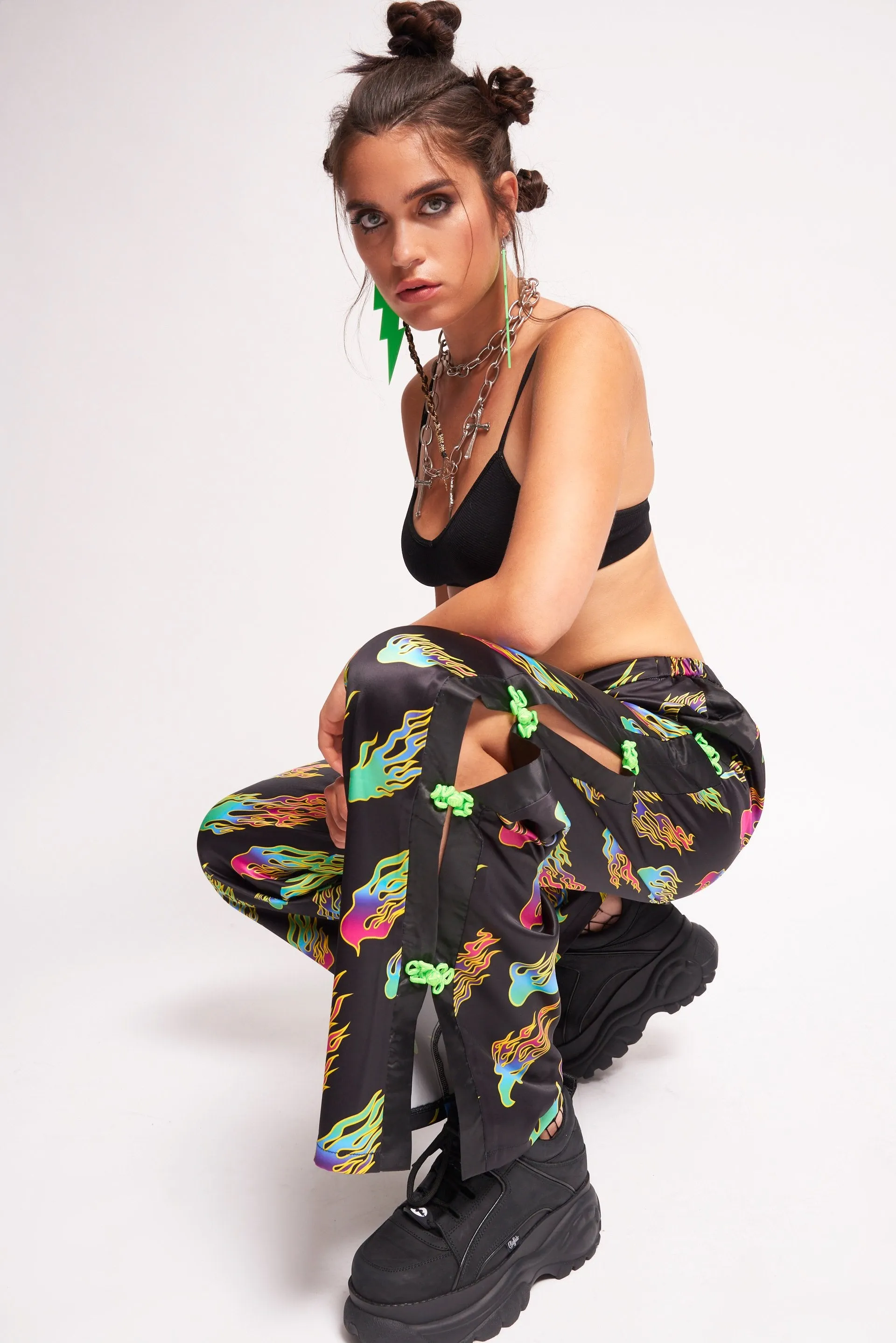 Rainbow Flame Print Wide Leg Satin Joggers