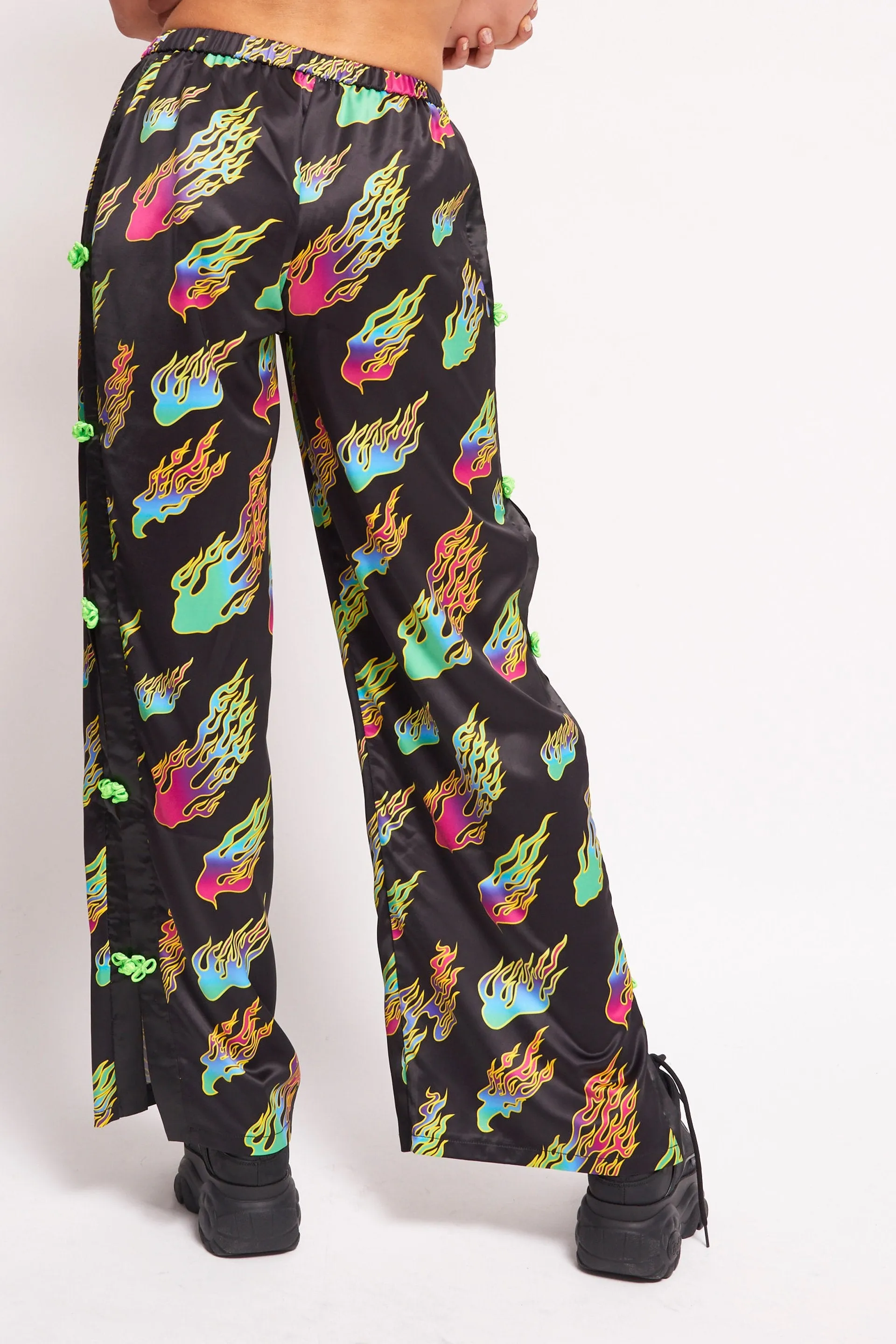 Rainbow Flame Print Wide Leg Satin Joggers