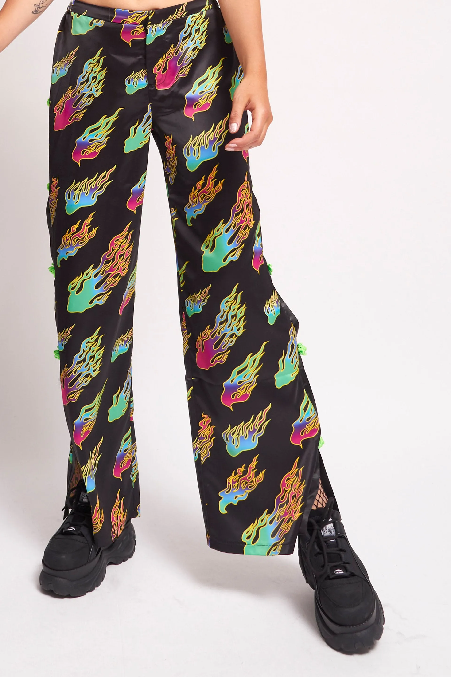 Rainbow Flame Print Wide Leg Satin Joggers