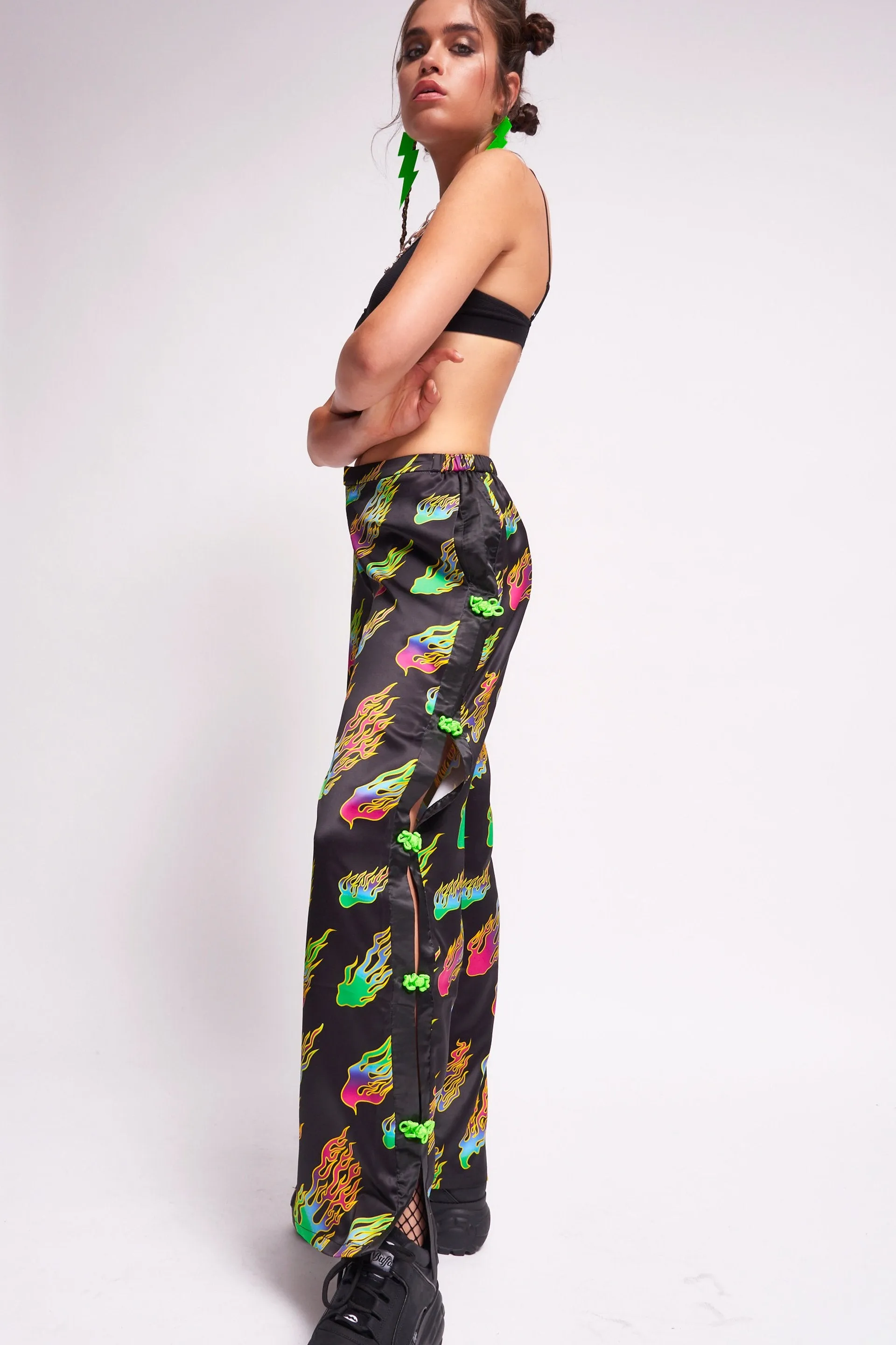 Rainbow Flame Print Wide Leg Satin Joggers