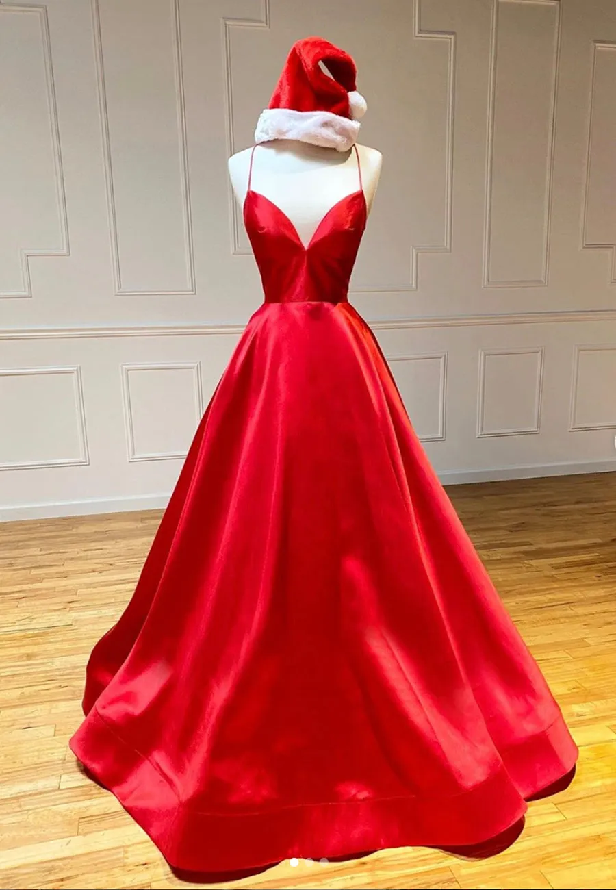 Red Satin Long Prom Dresses Simple A-Line Evening Dresses