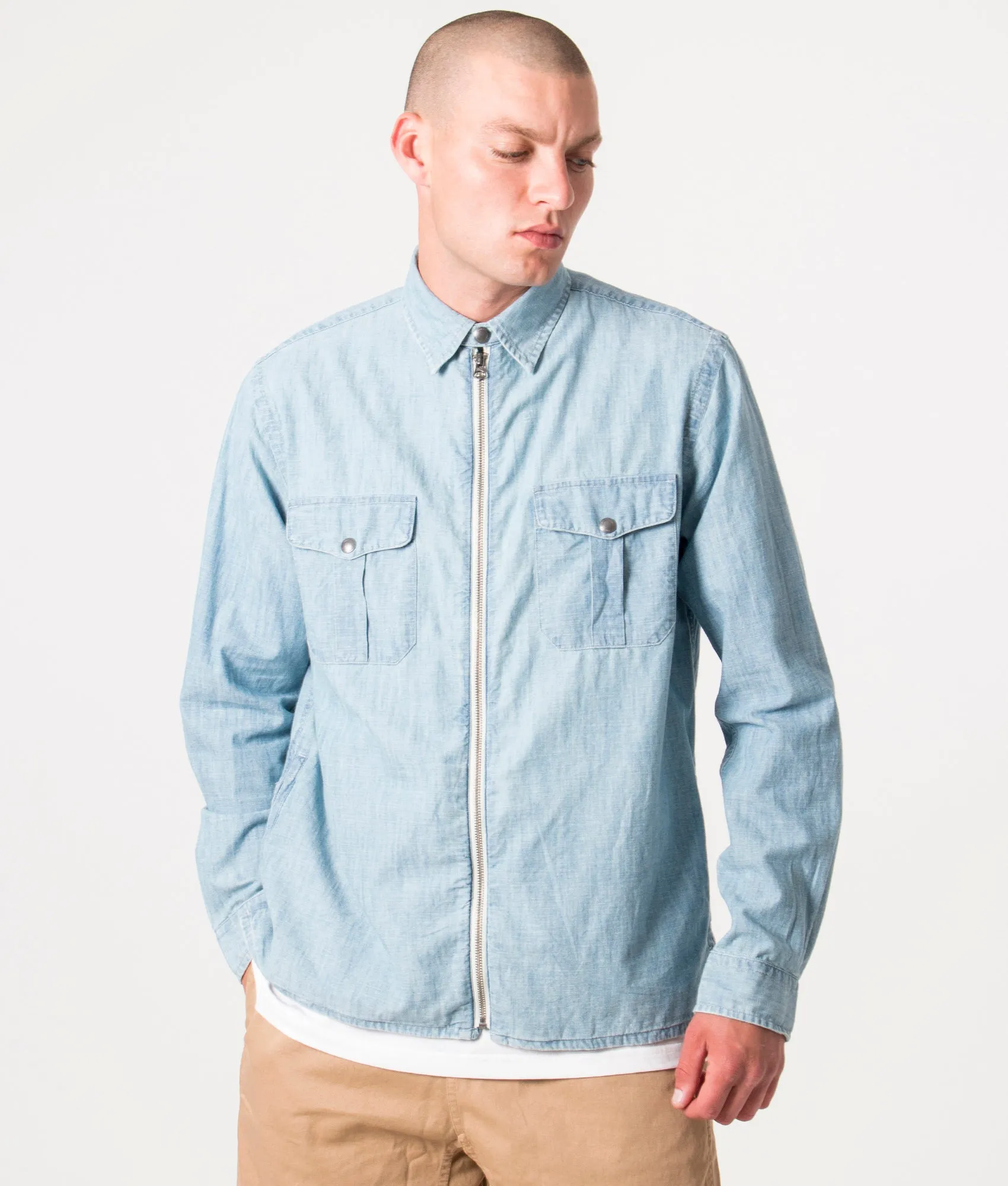 Relaxed Fit Zip Through Chambray Overshirt