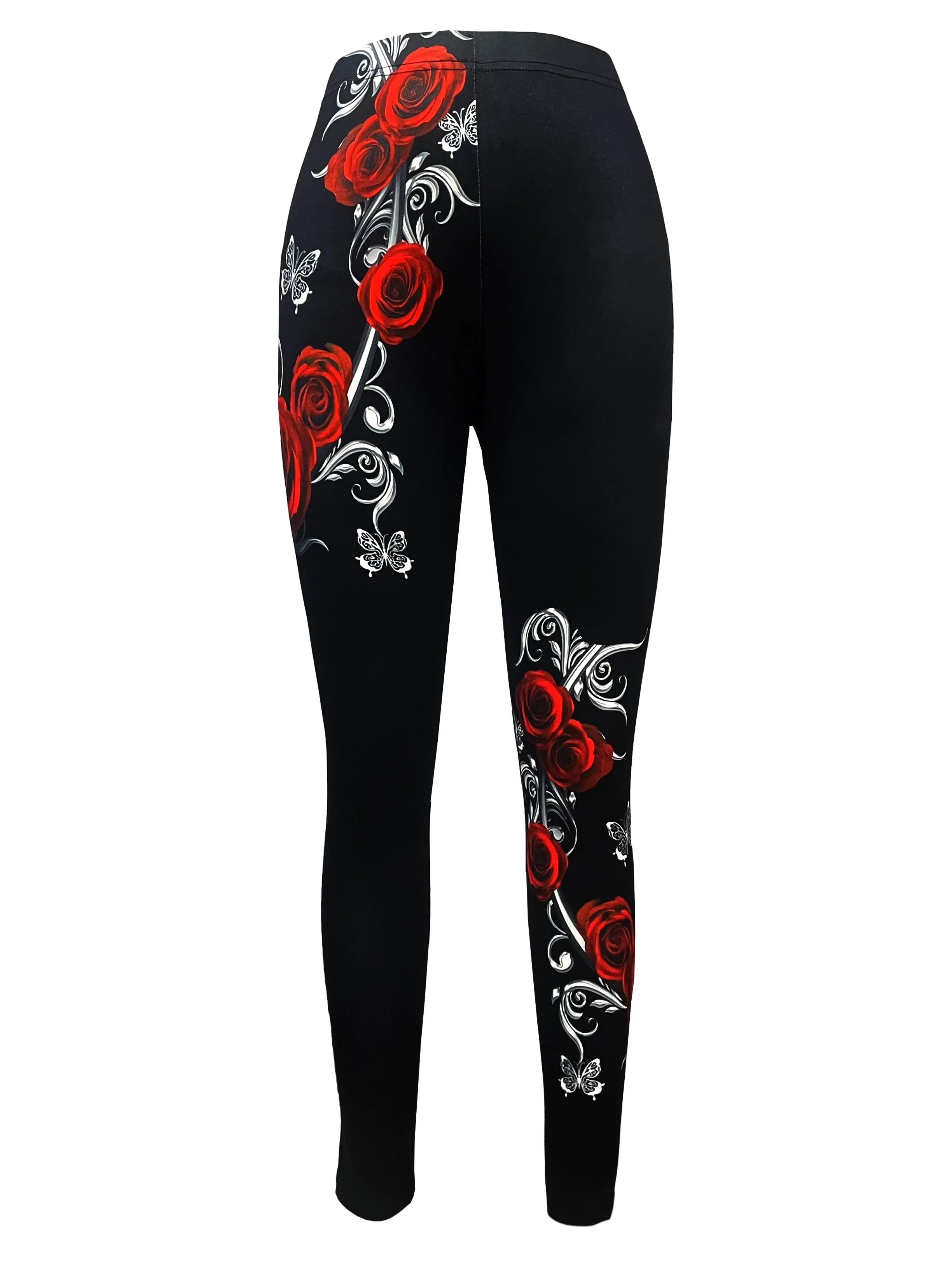 Rose Print Skinny Leggings Stylish Stretchy Womens Casual Bottoms