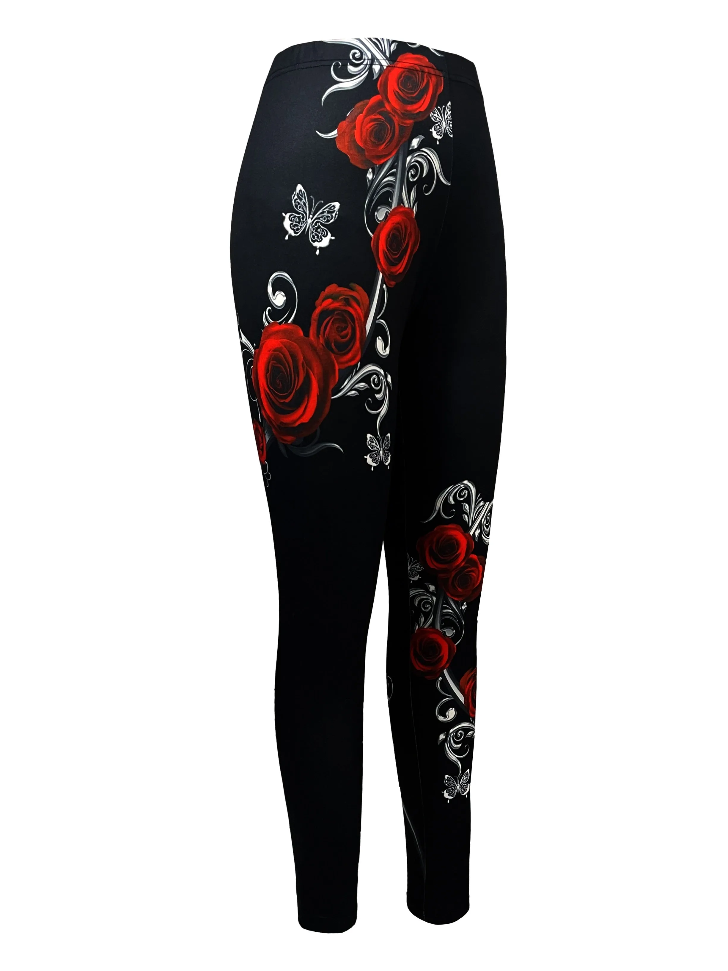 Rose Print Skinny Leggings Stylish Stretchy Womens Casual Bottoms