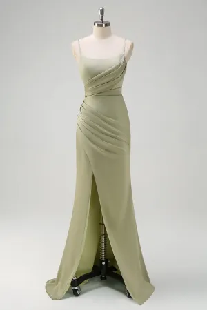 Sage Mermaid Pleated Bridesmaid Dress with Slit