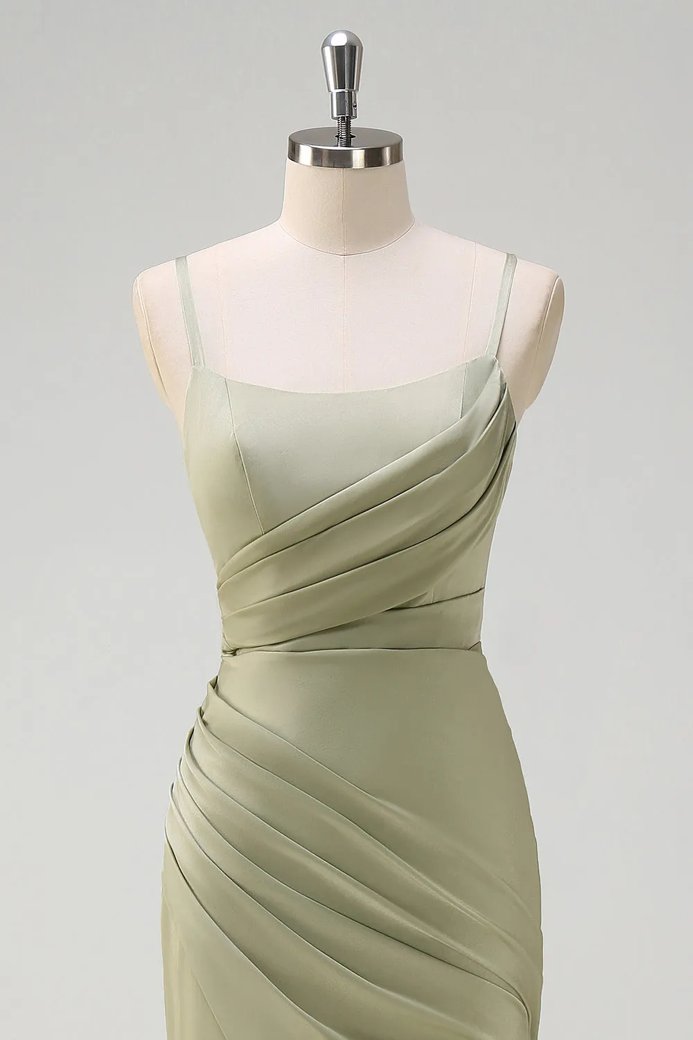 Sage Mermaid Pleated Bridesmaid Dress with Slit