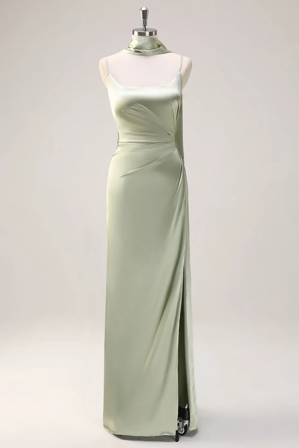 Sage Sheath Spaghetti Straps Slit Bridesmaid Dress with Ribbon