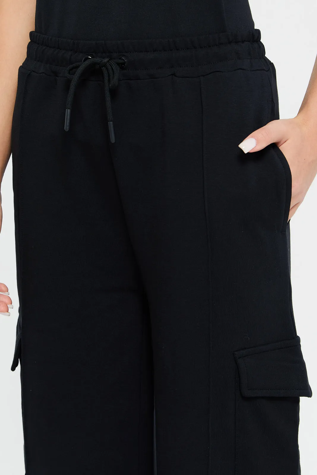 Senior Girls Black Wide Leg Cargo Pocket Pants