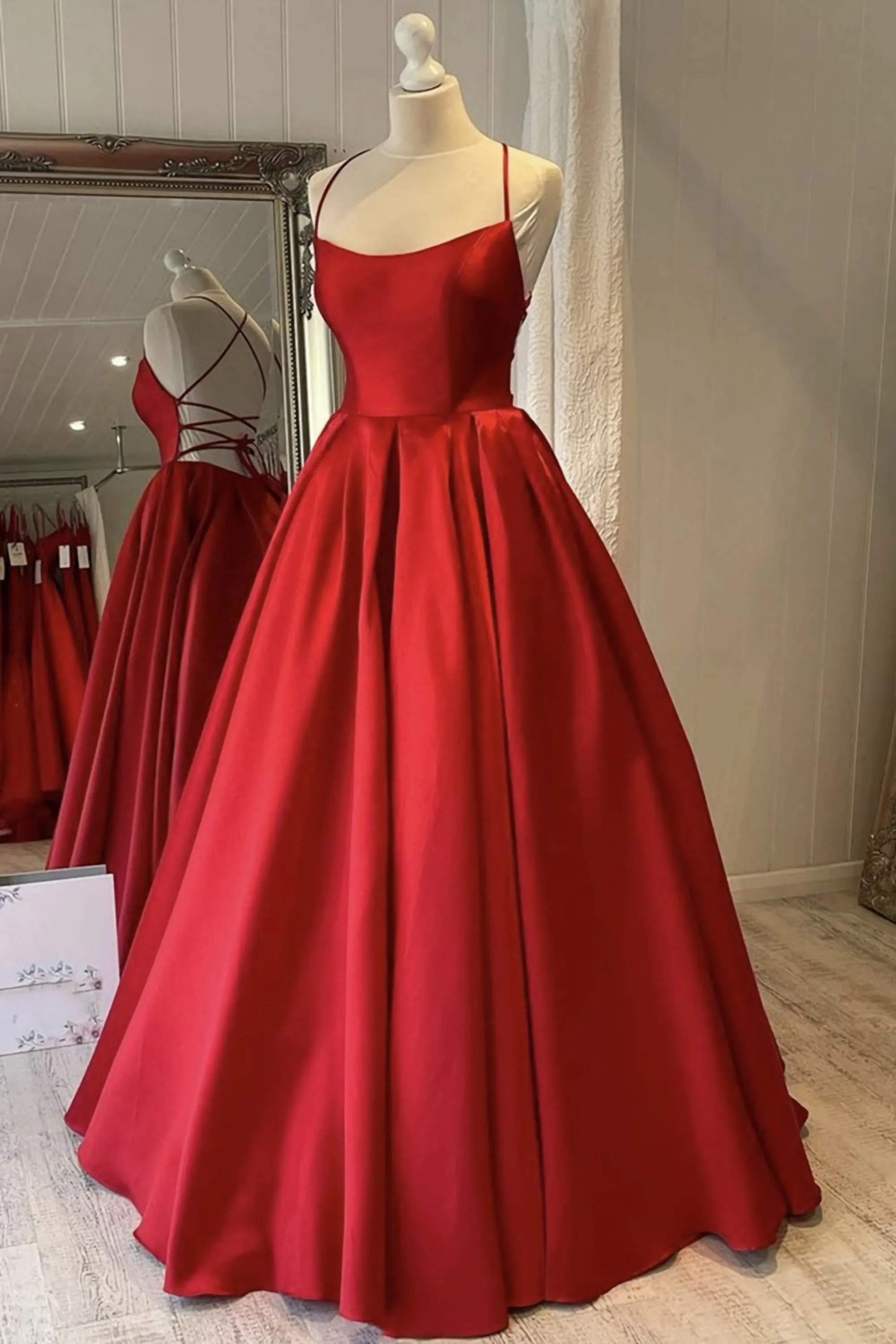 Simple Backless Red Satin Long Evening Dress, Backless Red Formal Dresses