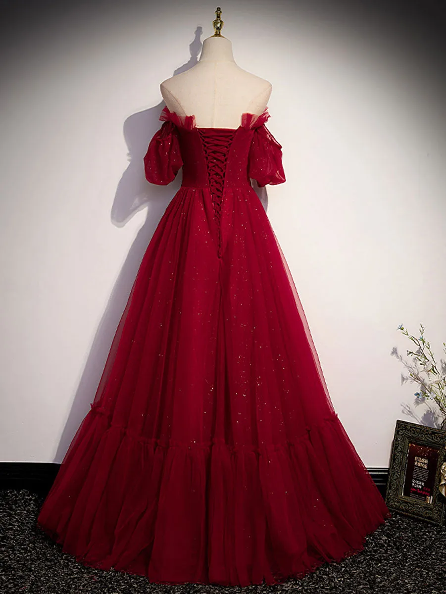 Simple Burgundy Tulle Long Prom Dress A line Burgundy Evening Dresses