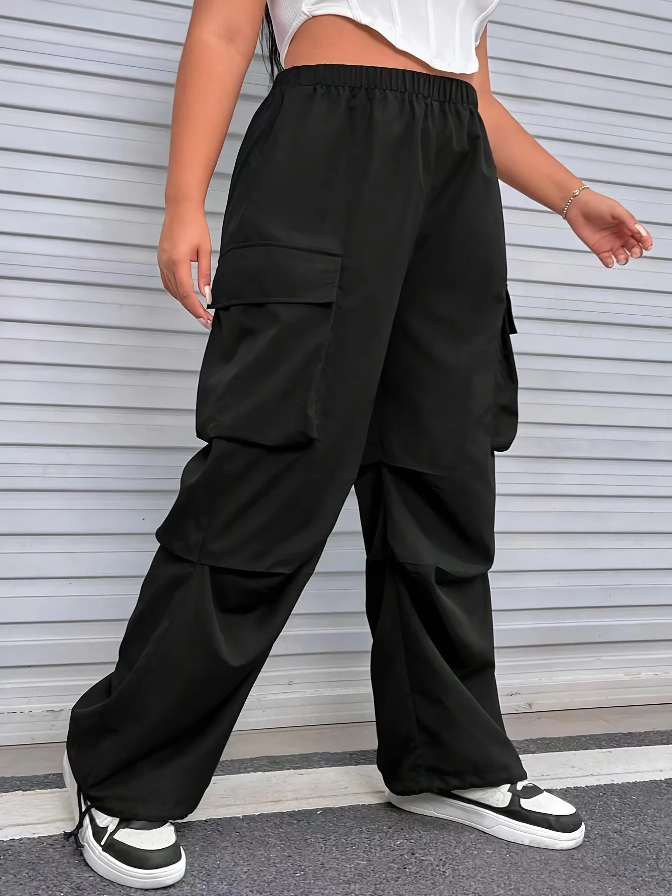 Solid Baggy Cargo Pants - Comfortably Casual with Pocket Elastic Waist