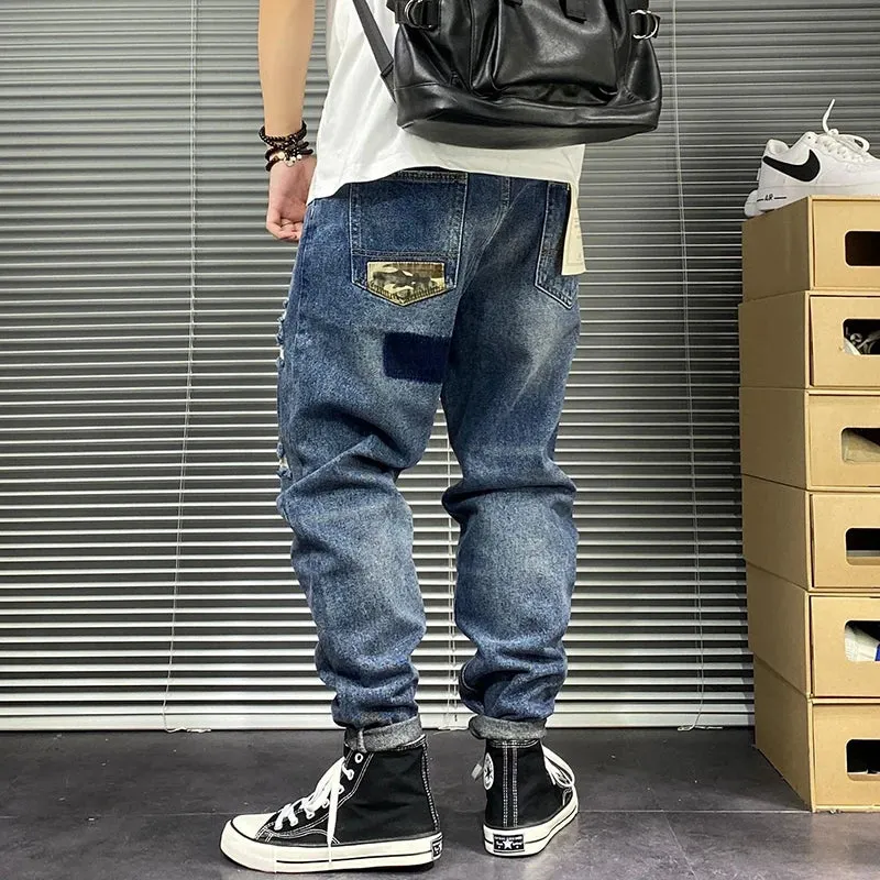 Streetwear Ripped Patch Jeans - Casual Straight Cargo Pants