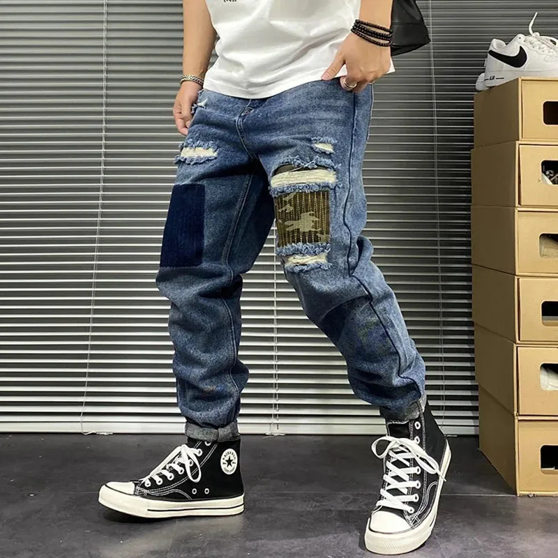 Streetwear Ripped Patch Jeans - Casual Straight Cargo Pants