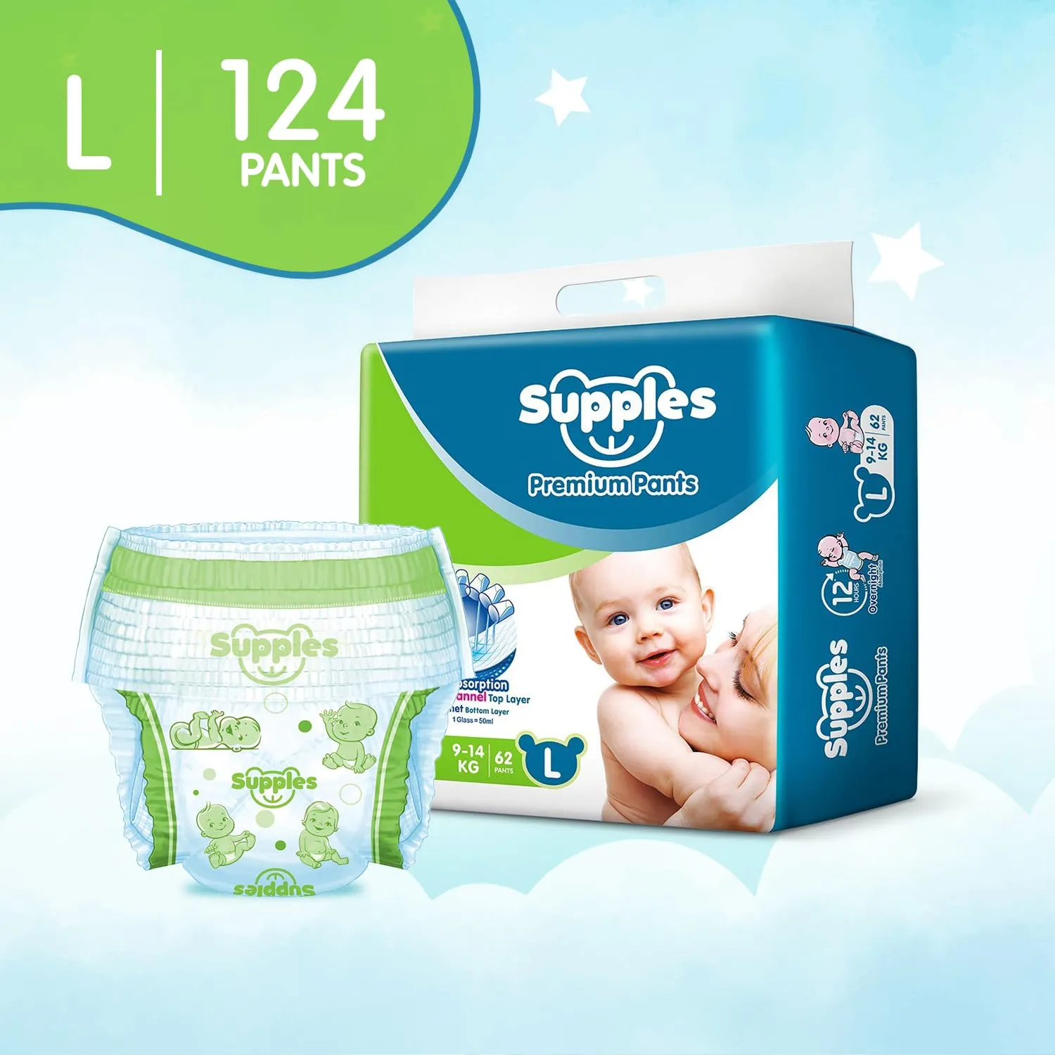 Supples Premium Diapers, Large (L), 124 Count, 9-14 Kg, 12 hrs Absorption Baby Diaper Pants