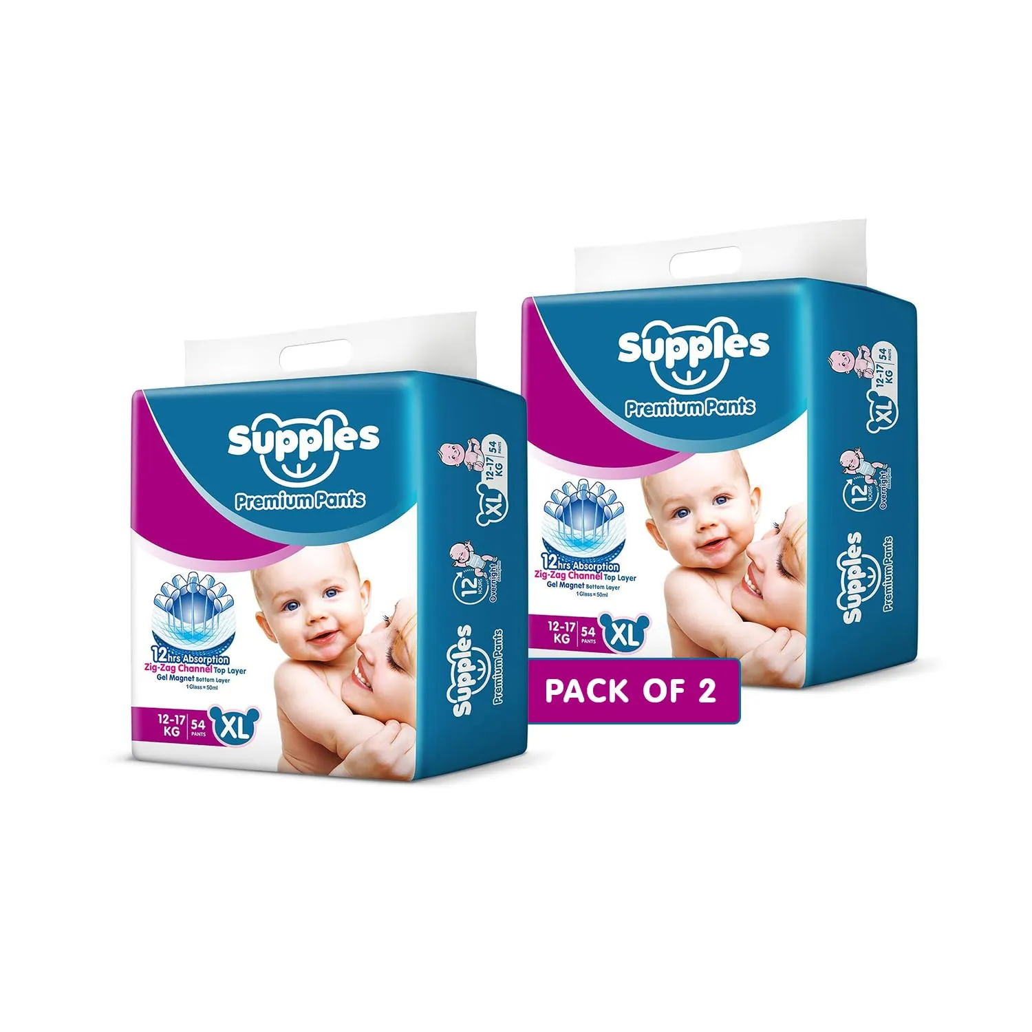 Supples Premium Diapers, X-Large (XL), 108 Count, 12-17 Kg, 12 hrs Absorption Baby Diaper Pants