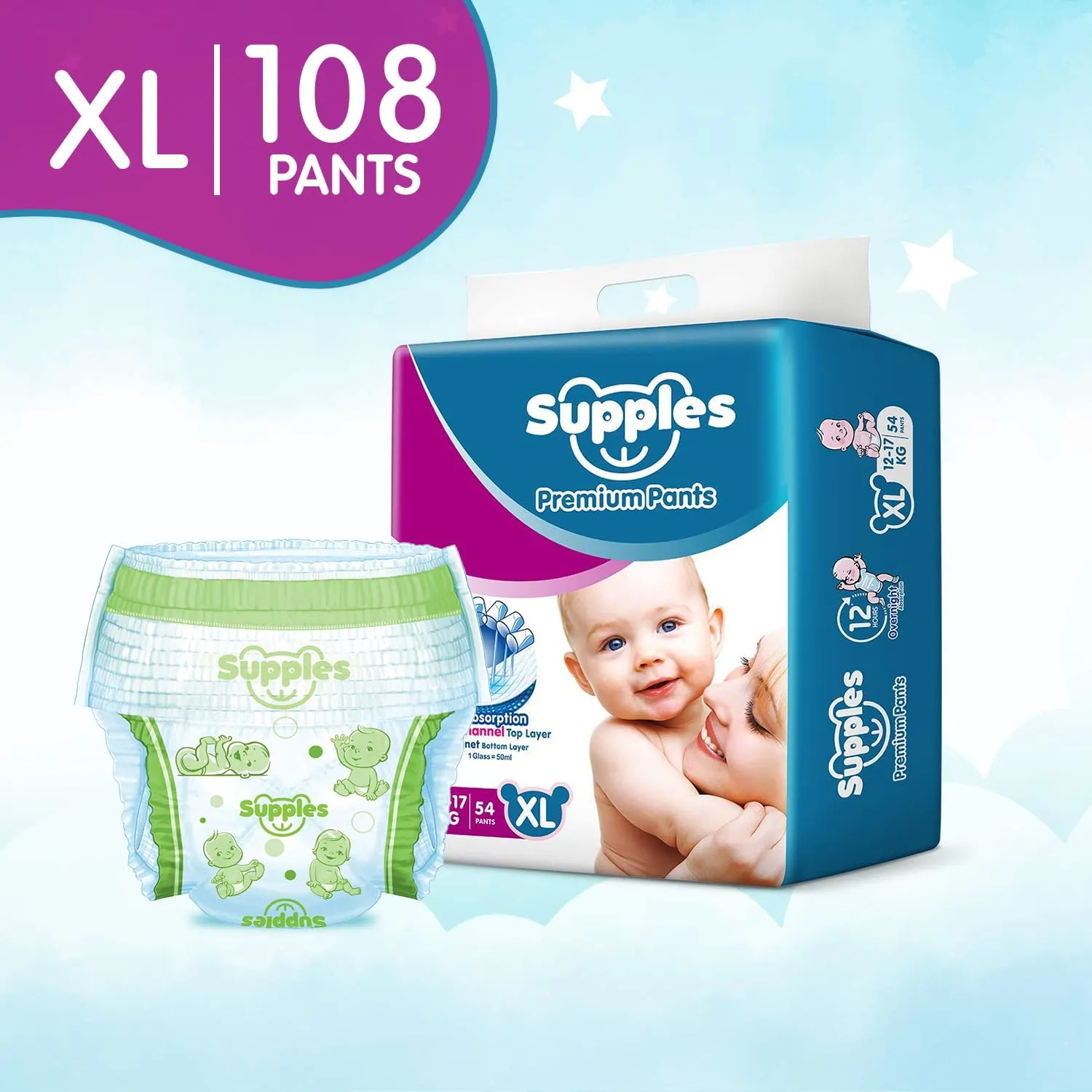 Supples Premium Diapers, X-Large (XL), 108 Count, 12-17 Kg, 12 hrs Absorption Baby Diaper Pants