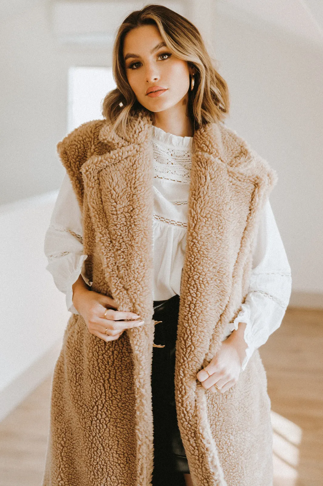 Tan Teddy Bear Sleeveless Long Jacket