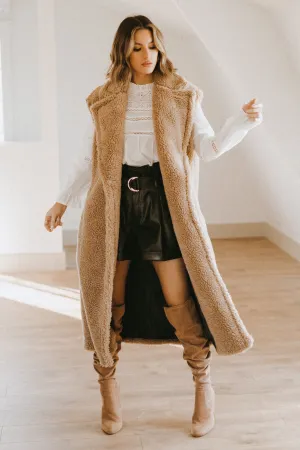 Tan Teddy Bear Sleeveless Long Jacket