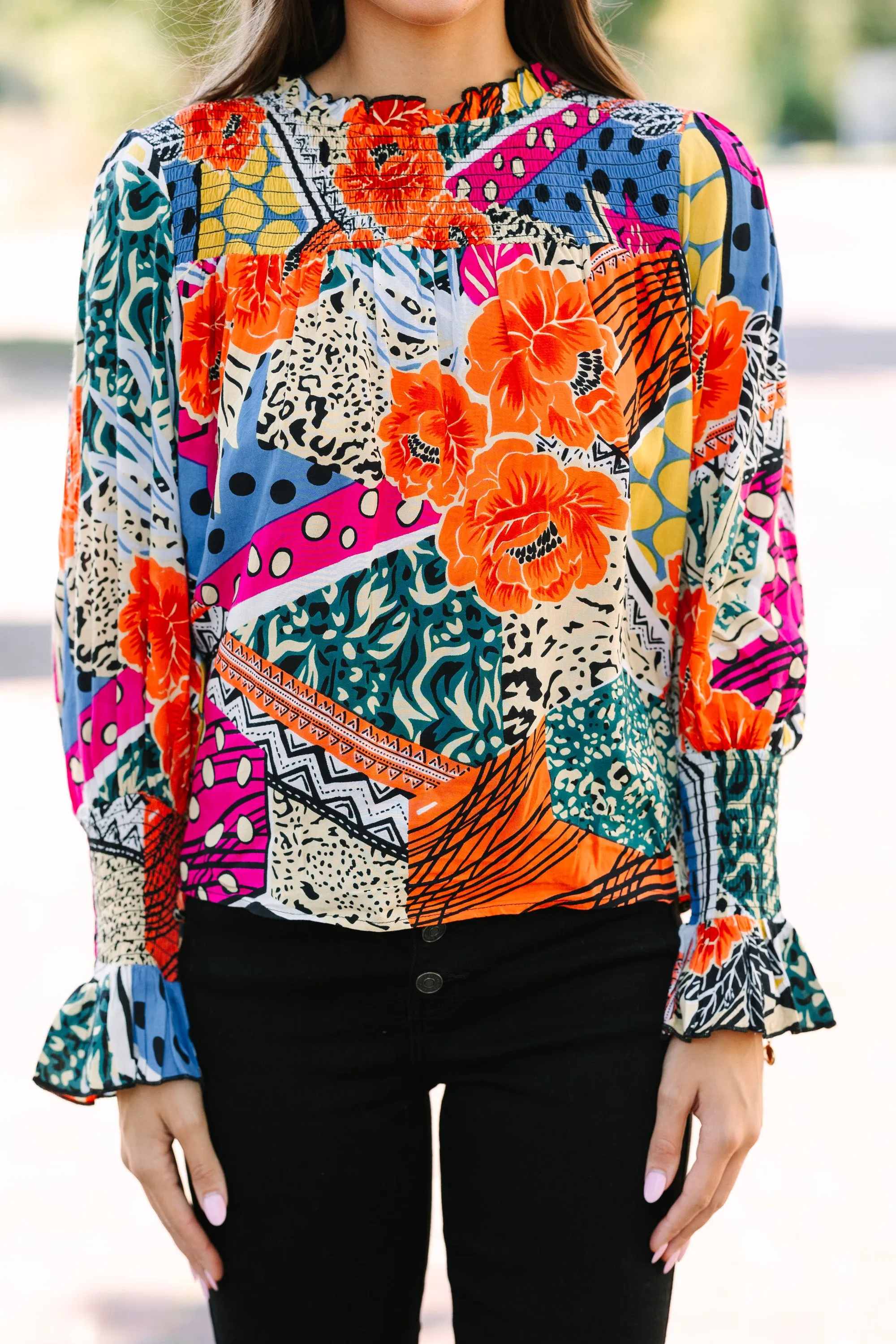 THML: Over And Over Black Mixed Print Blouse