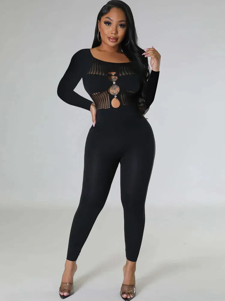 Trendy Black Hollow Out Peekaboo Top Jumpsuit