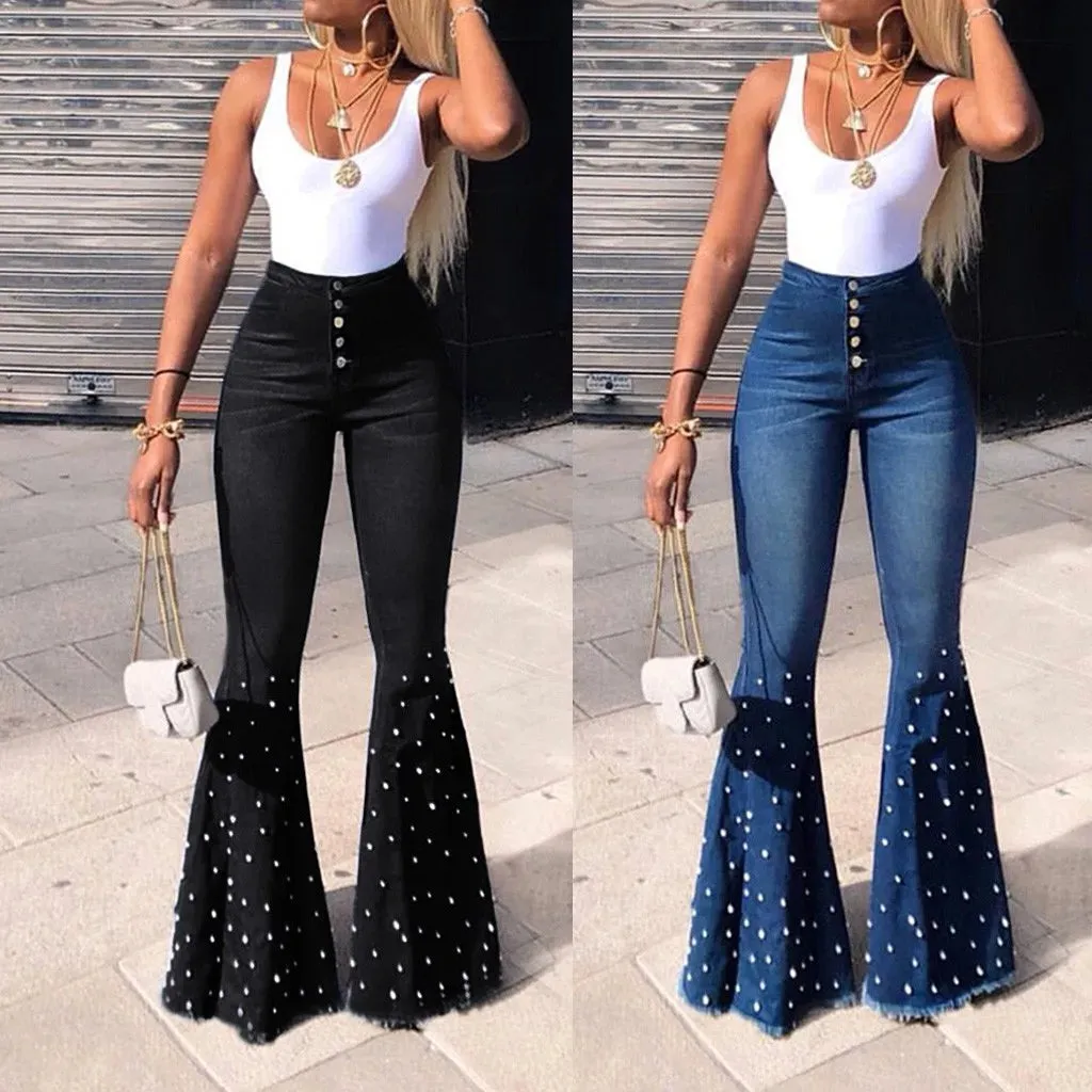 Trendy Denim High Waist  Bell-Bottom Pants