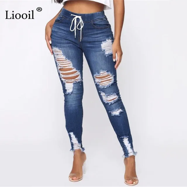 Trendy Elastic Waist Ripped Retro Denim Jeans