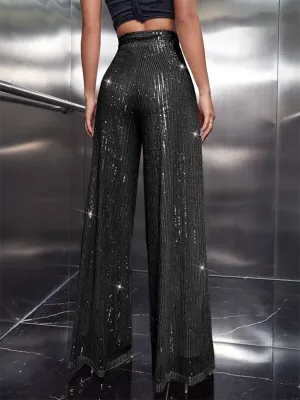 Trendy Sequin Flare Sparkly High Waist Pants