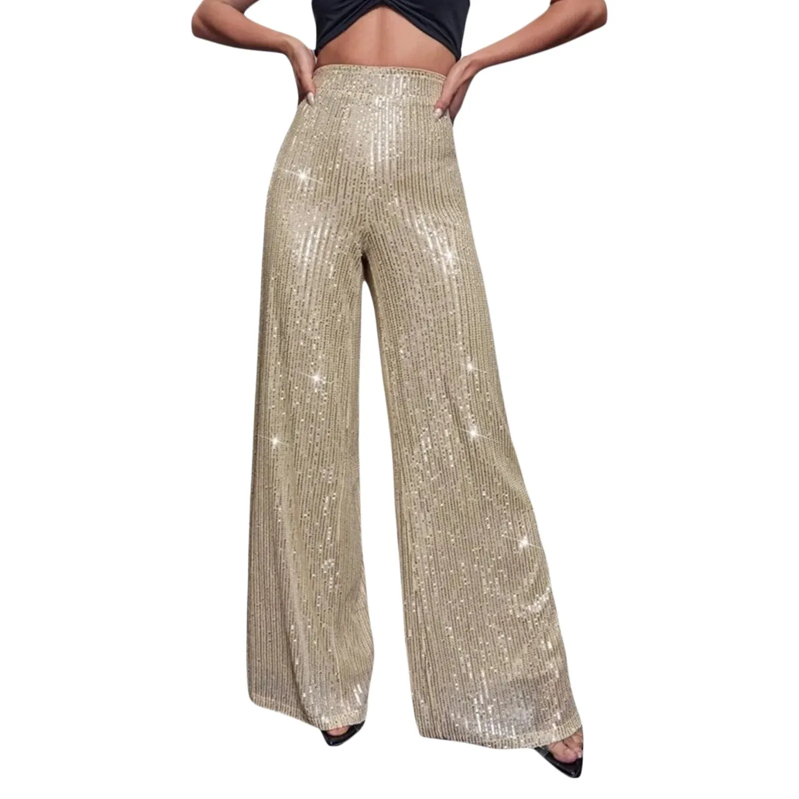 Trendy Sequin Flare Sparkly High Waist Pants