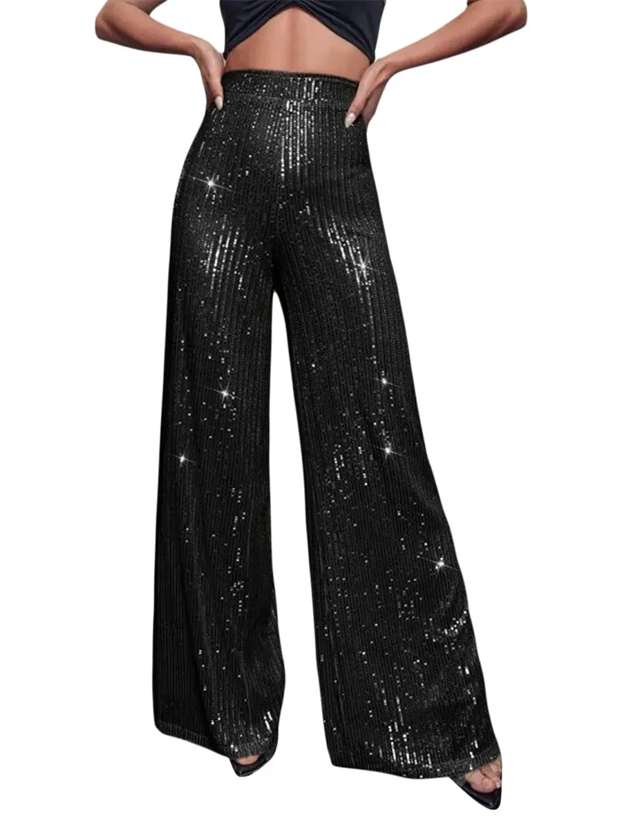 Trendy Sequin Flare Sparkly High Waist Pants