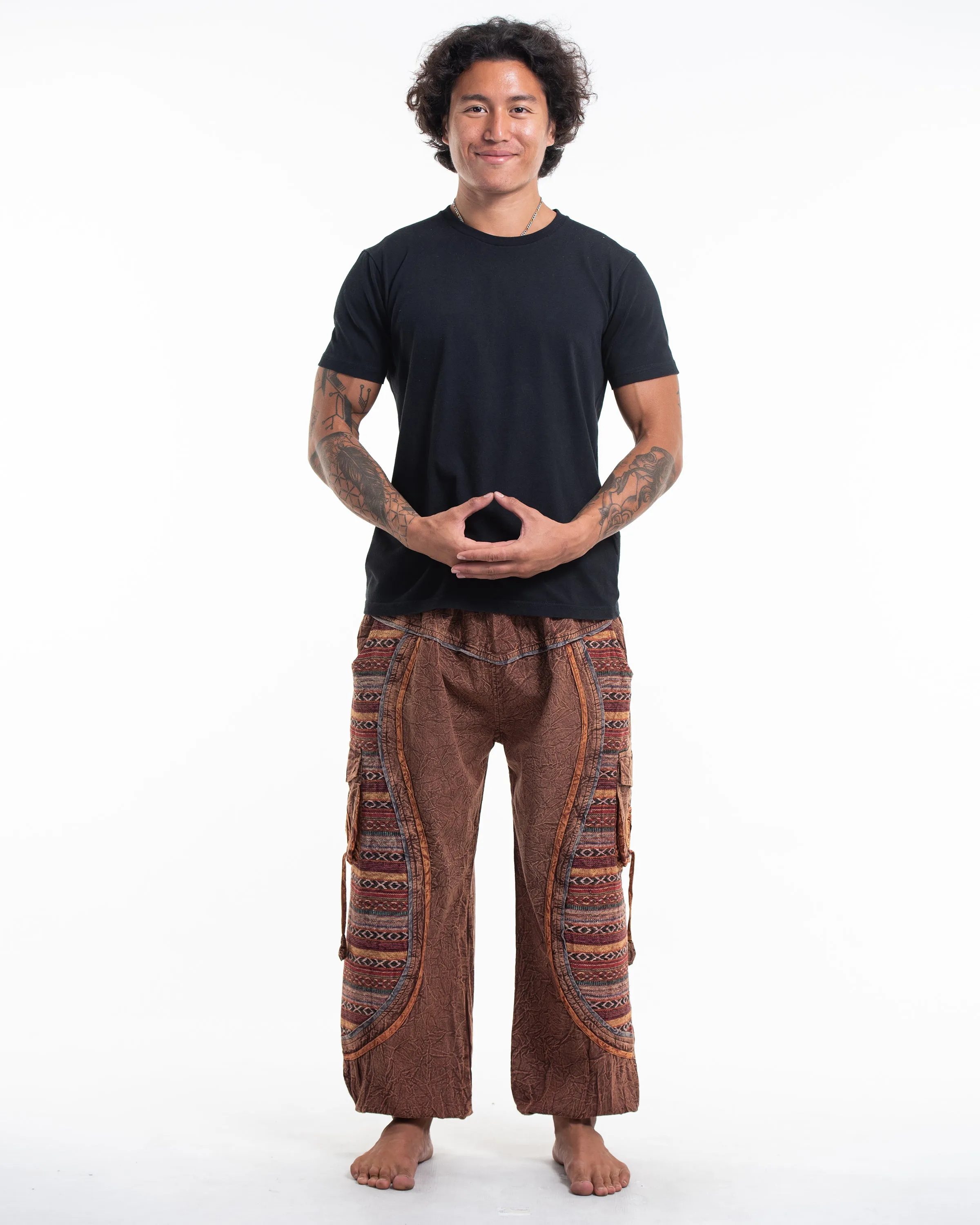 Unisex Patchwork Stone Washed Cargo Cotton Pants in Brown 07