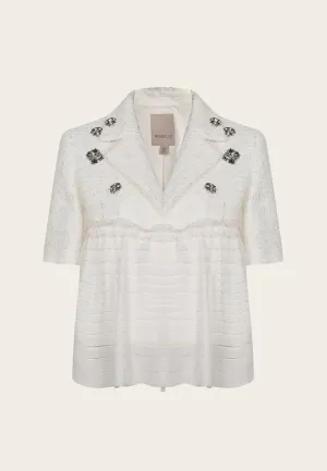 White Patchwork Rhinestone Embellished Tweed Chiffon Jacket