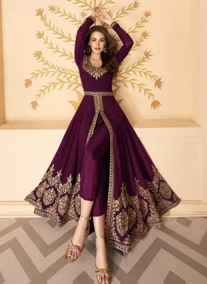 Wine Slit Style Zari Embroidered Anarkali Pants Suit