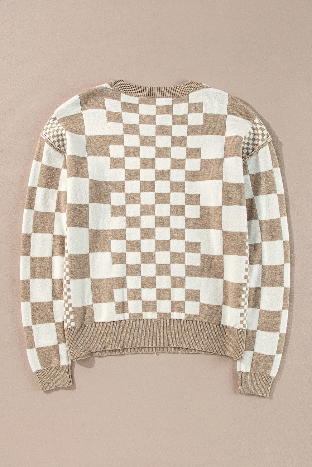 Women Checkered Print Loose Fit Pullover Drop Shoulder Round Neck Sweater