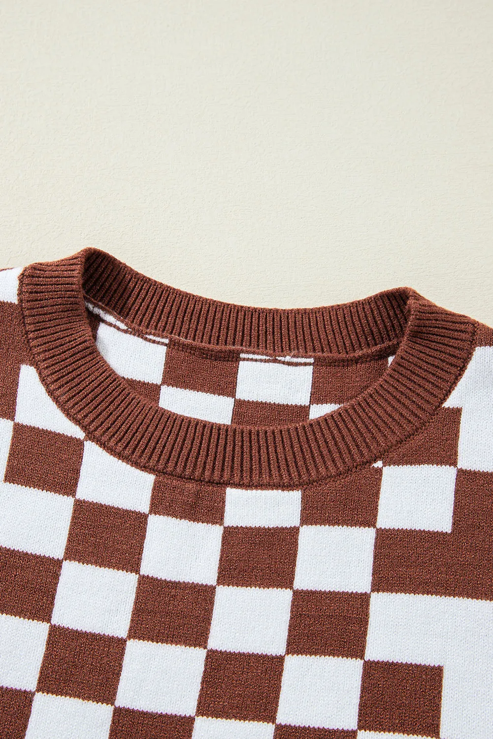 Women Checkered Print Loose Fit Pullover Drop Shoulder Round Neck Sweater