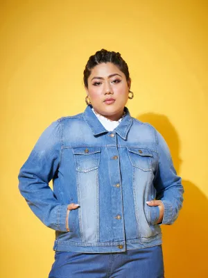 Women Ice Blue Washed Basic Denim Jacket