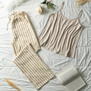 Women summer pajama set Beige top   Beige striped Pants