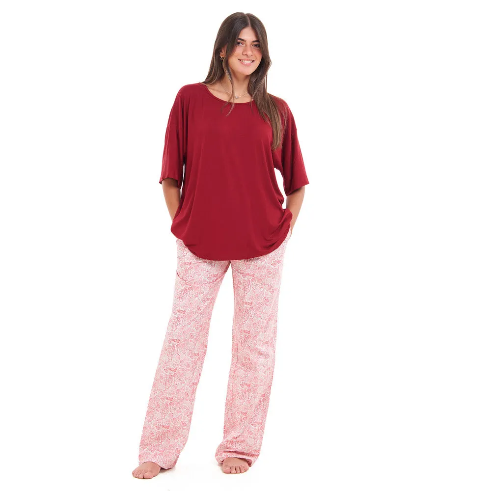 Women summer pajama set Red Oversized top   Red Flory Outines pants