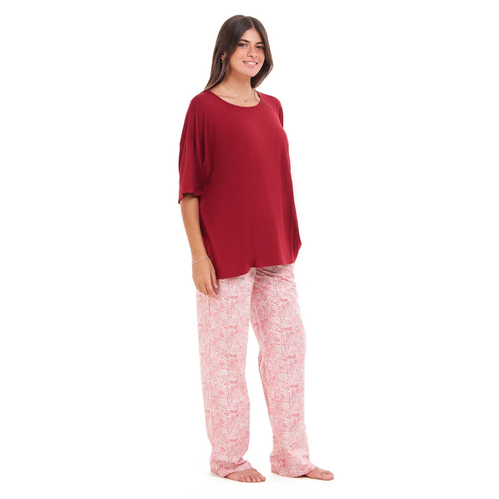 Women summer pajama set Red Oversized top   Red Flory Outines pants