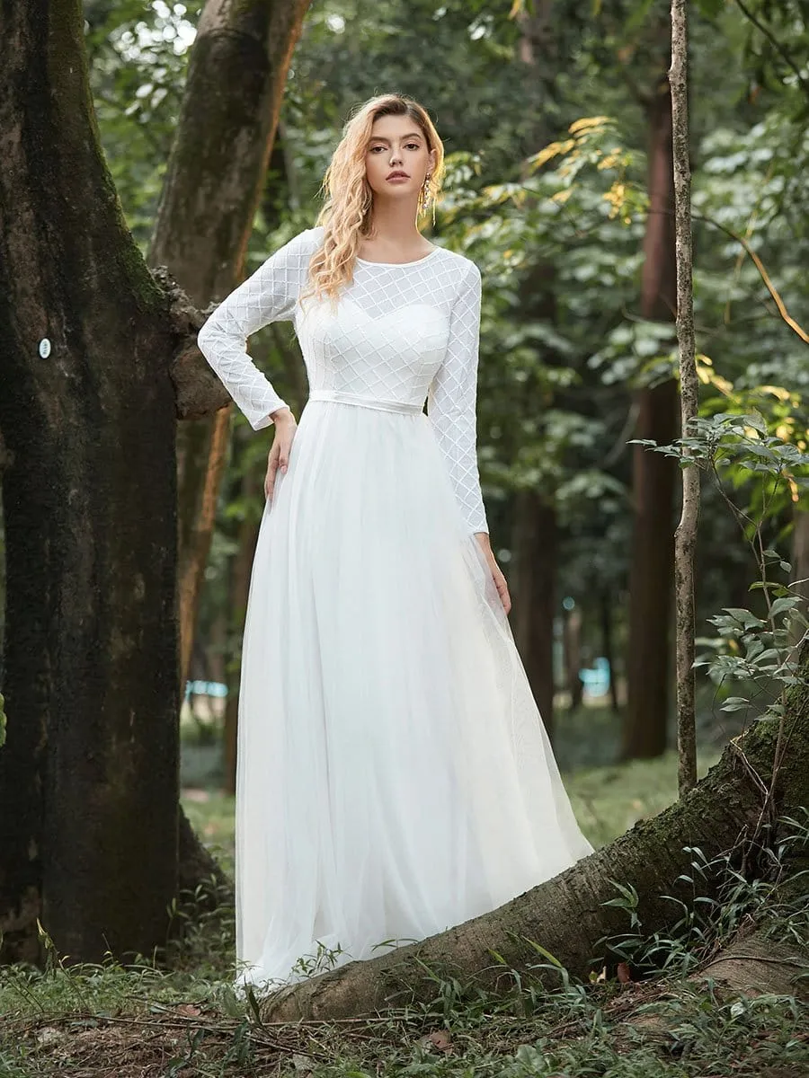 Women's Fancy Round Neck Tulle Wedding Dress with Long Sleeves