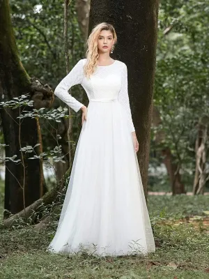 Women's Fancy Round Neck Tulle Wedding Dress with Long Sleeves